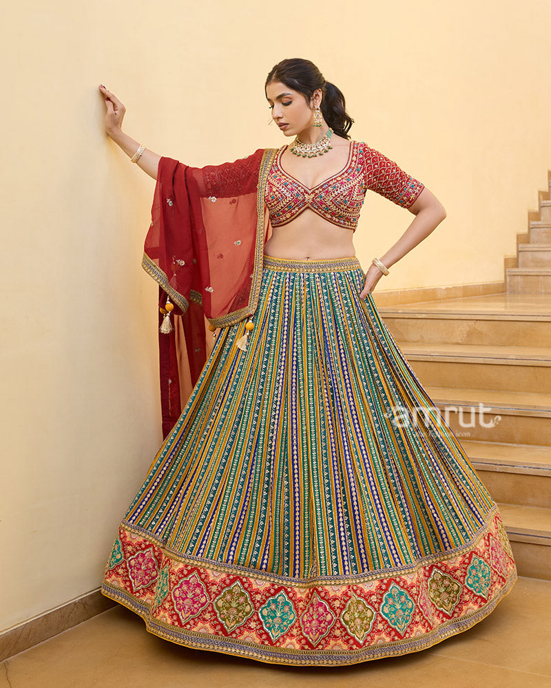 Multicolored Striped Lehenga with Embroidered Choli and Red Dupatta 01