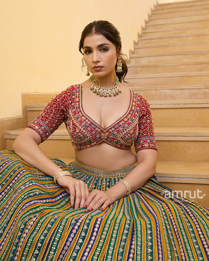 Multicolored Striped Lehenga with Embroidered Choli and Red Dupatta 02