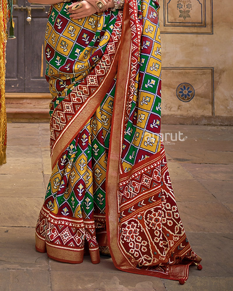 Multicolour Double Ikat Patola Saree in Cotton Silk With an Unstitched Blouse