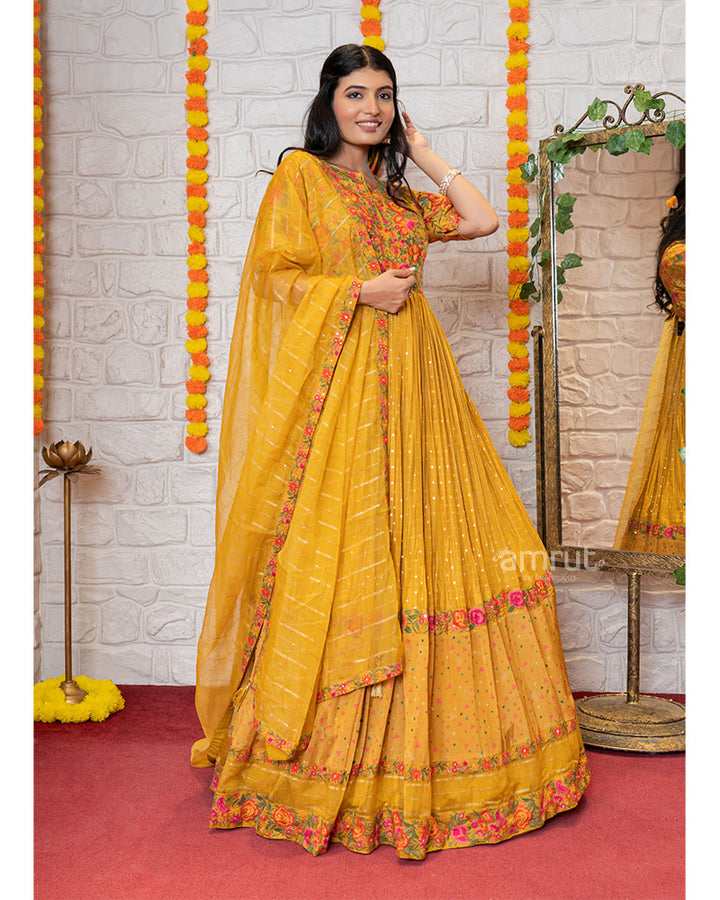 Mustard Yellow Anarkali suit with Floral Embroidery and Dupatta