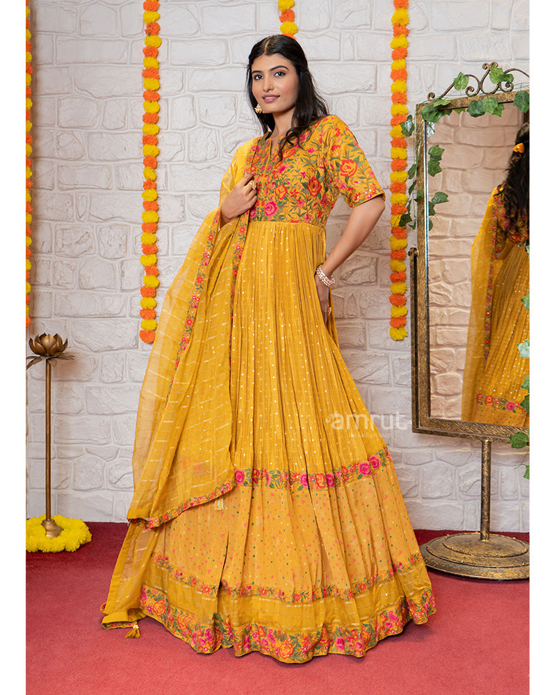 Mustard Yellow Anarkali suit with Floral Embroidery and Dupatta