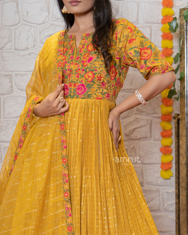 Mustard Yellow Anarkali suit with Floral Embroidery and Dupatta