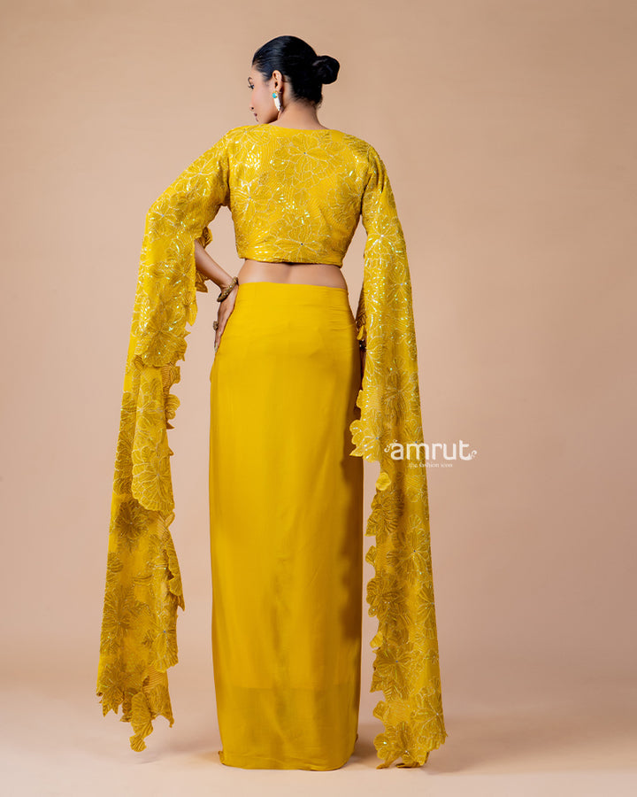 Mustard Yellow Crop Top with Draped Skirt