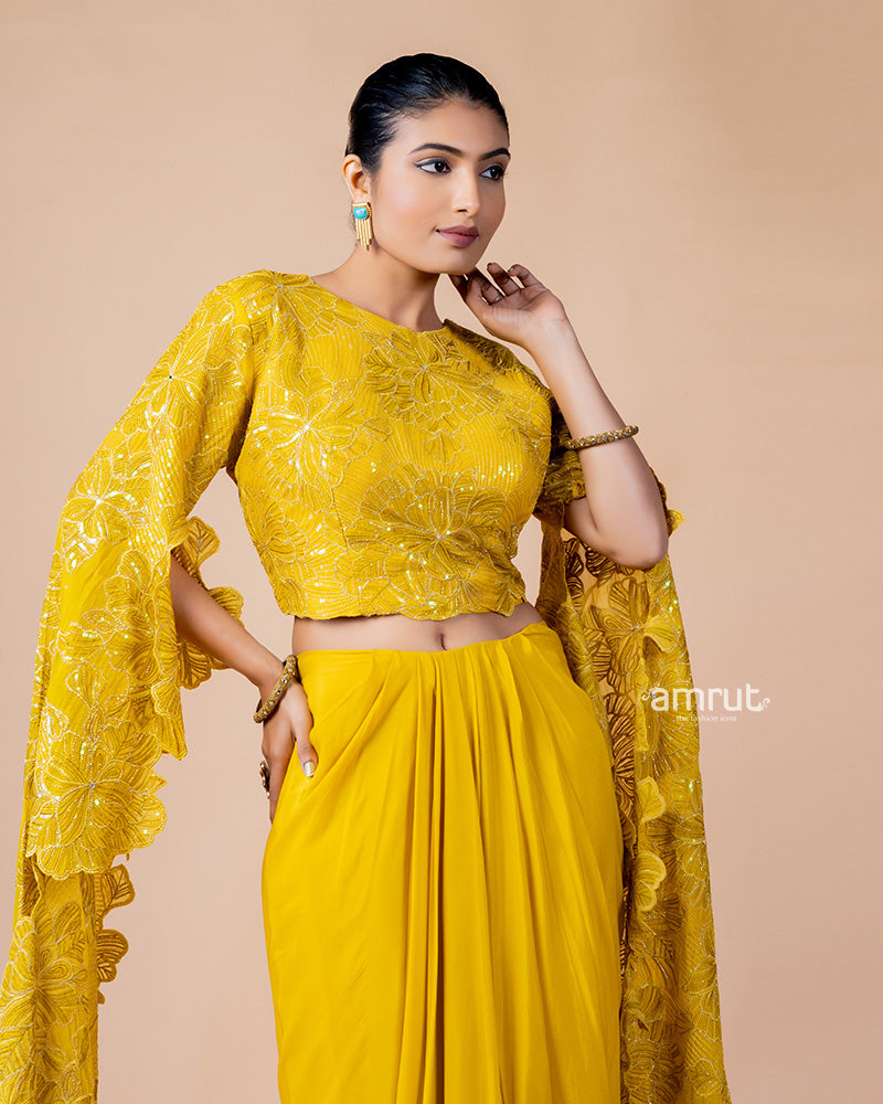 Mustard Yellow Crop Top with Draped Skirt