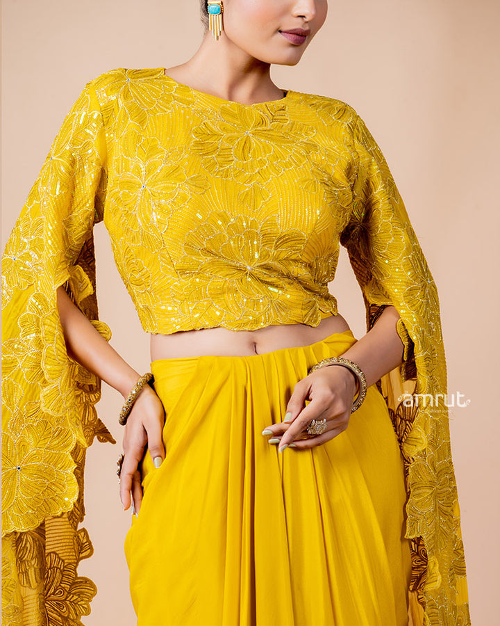 Mustard Yellow Crop Top with Draped Skirt