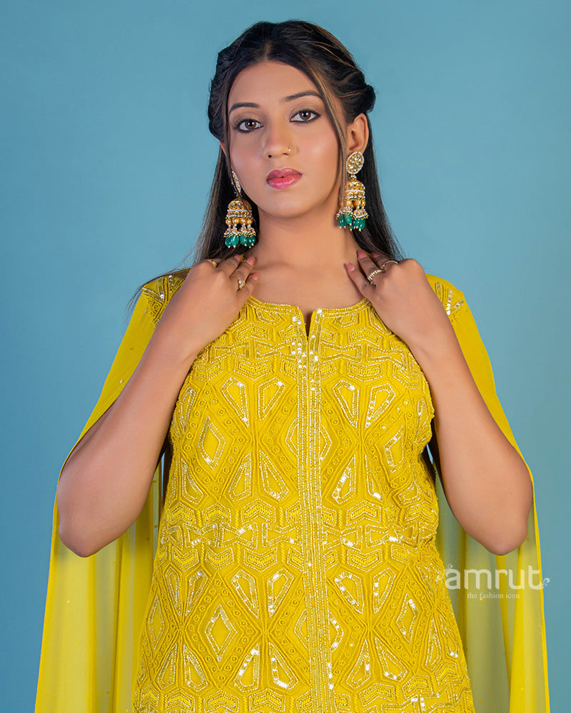 Mustard Yellow Georgette Kurti & Palazzo Set With Cape Sleeves