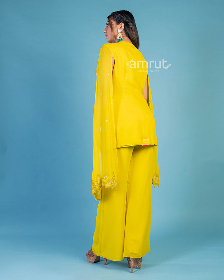 Mustard Yellow Georgette Kurti & Palazzo Set With Cape Sleeves
