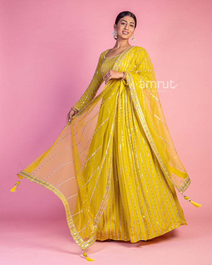 Mustard Yellow Lehenga Choli in Georgette With Embroidery and Mirror Work