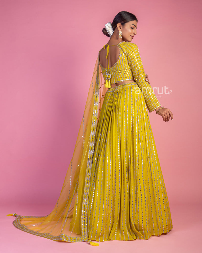 Mustard Yellow Lehenga Choli in Georgette With Embroidery and Mirror Work