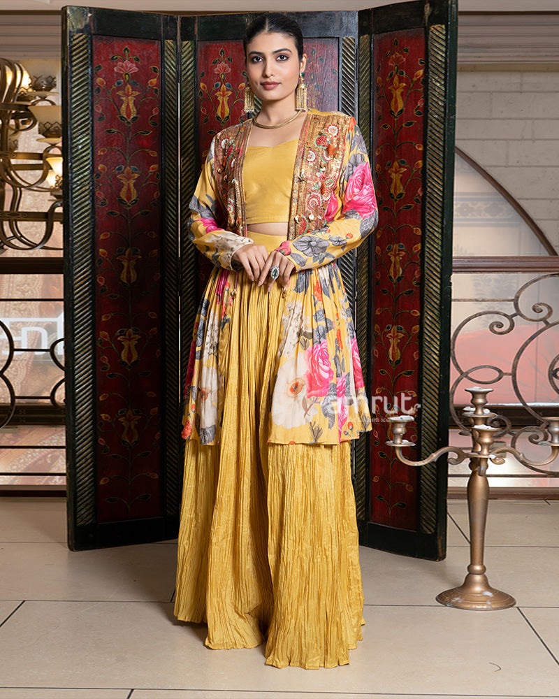 Mustard Yellow Crushed Palazzo Set with Floral Embroidered Jacket 01