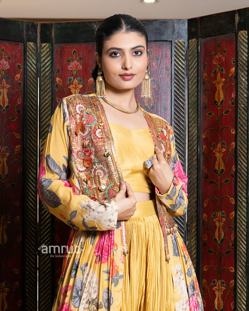 Mustard Yellow Crushed Palazzo Set with Floral Embroidered Jacket 02