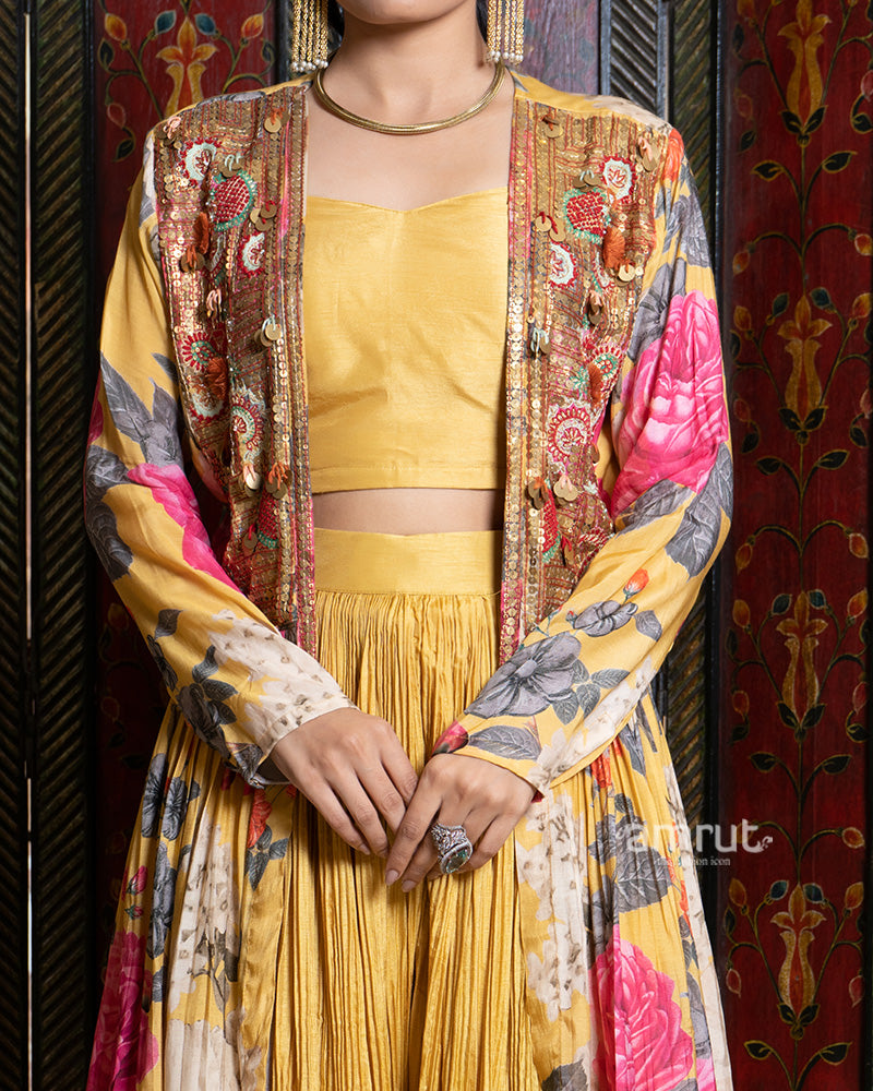 Mustard Yellow Crushed Palazzo Set with Floral Embroidered Jacket 03
