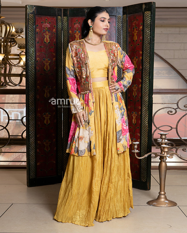 Mustard Yellow Crushed Palazzo Set with Floral Embroidered Jacket 04