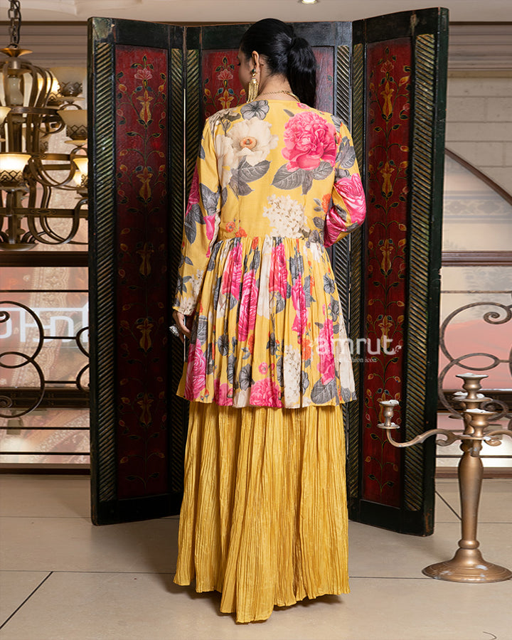 Mustard Yellow Crushed Palazzo Set with Floral Embroidered Jacket 05