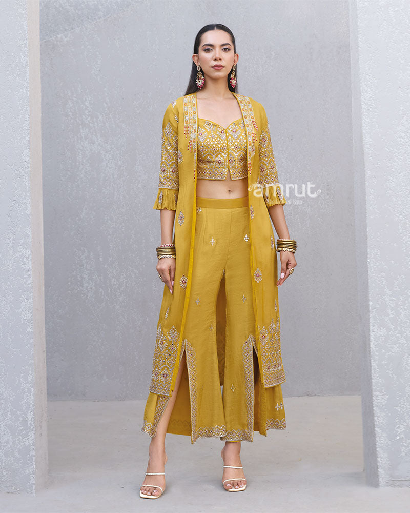 Mustard Yellow Embroidered Co-Ord Set with Long Jacket 01