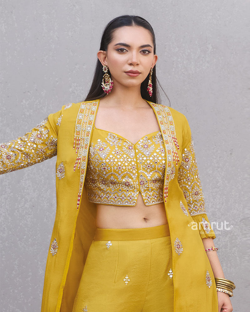 Mustard Yellow Embroidered Co-Ord Set with Long Jacket 02
