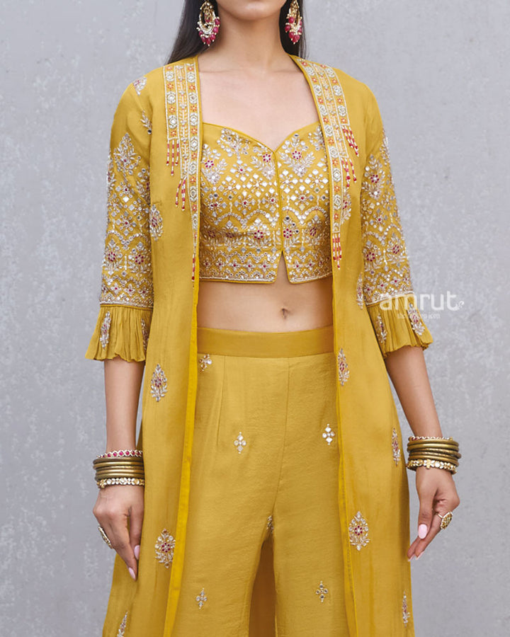 Mustard Yellow Embroidered Co-Ord Set with Long Jacket 03