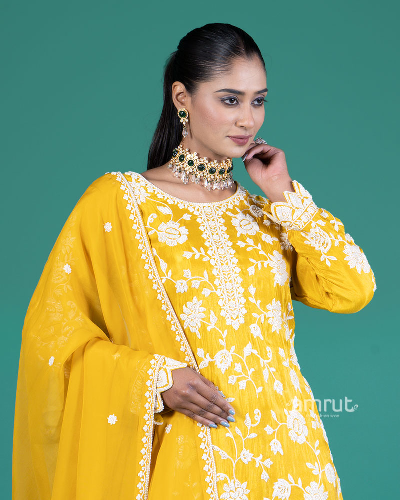 Mustard Yellow Embroidered Salwar Kameez with Sheer Dupatta 02