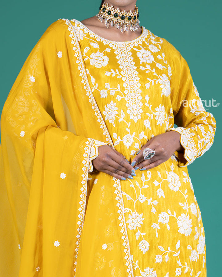 Mustard Yellow Embroidered Salwar Kameez with Sheer Dupatta 03