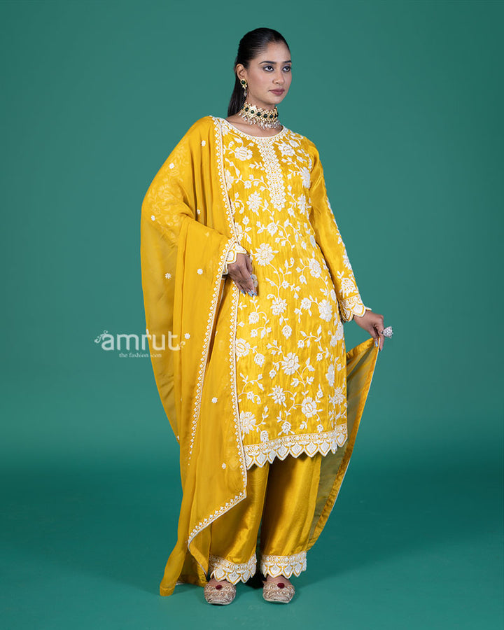 Mustard Yellow Embroidered Salwar Kameez with Sheer Dupatta 04