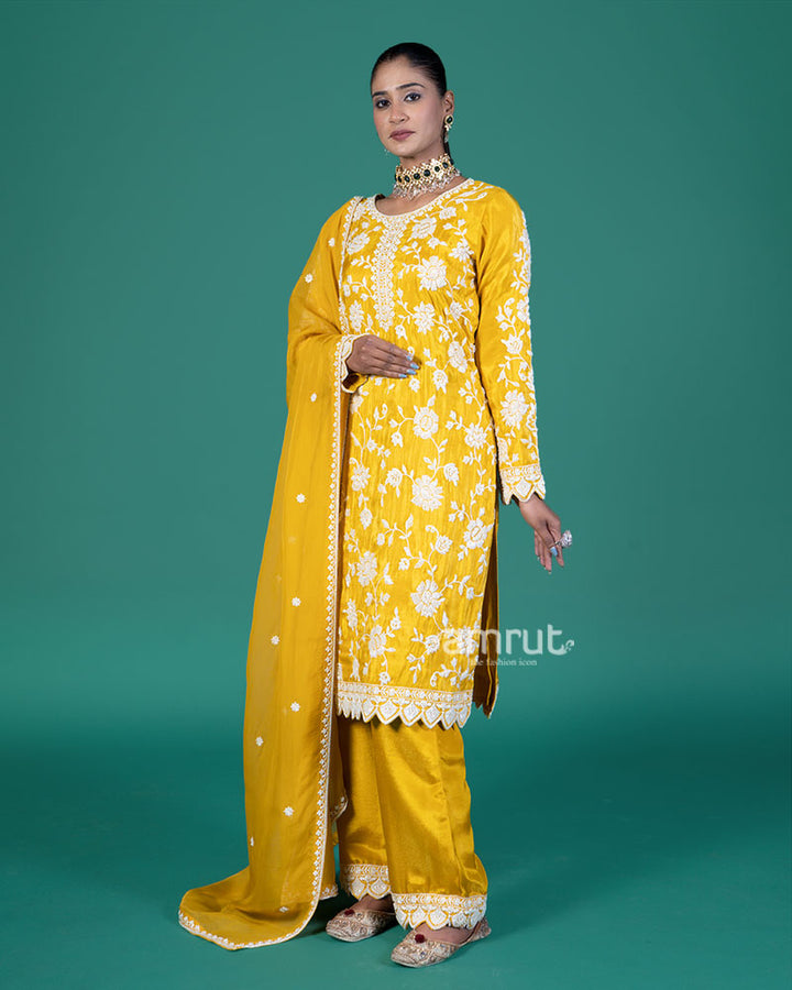 Mustard Yellow Embroidered Salwar Kameez with Sheer Dupatta 05