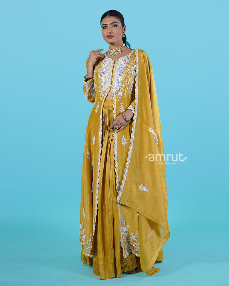 Mustard Yellow Embroidered Top with Puffed Sleeves, Pleated Skirt, and Dupatta 01
