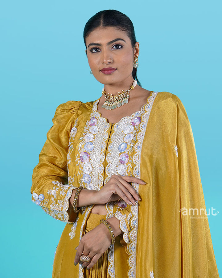 Mustard Yellow Embroidered Top with Puffed Sleeves, Pleated Skirt, and Dupatta 02