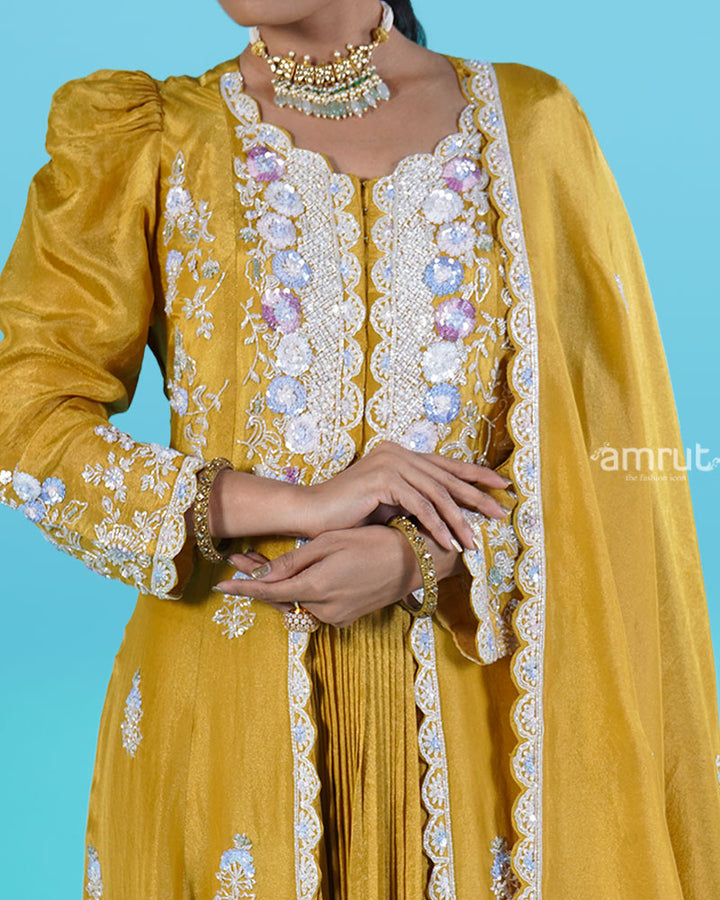 Mustard Yellow Embroidered Top with Puffed Sleeves, Pleated Skirt, and Dupatta 04