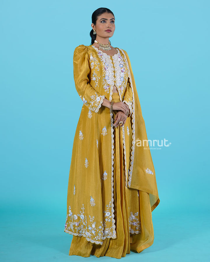 Mustard Yellow Embroidered Top with Puffed Sleeves, Pleated Skirt, and Dupatta 05