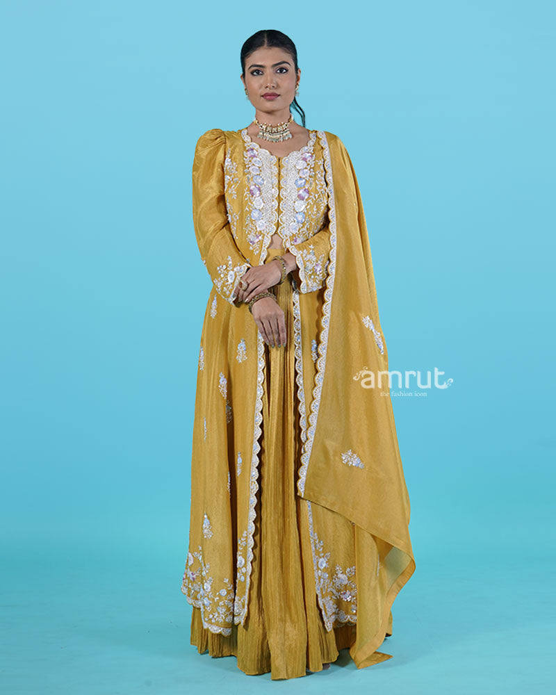 Mustard Yellow Embroidered Top with Puffed Sleeves, Pleated Skirt, and Dupatta 06