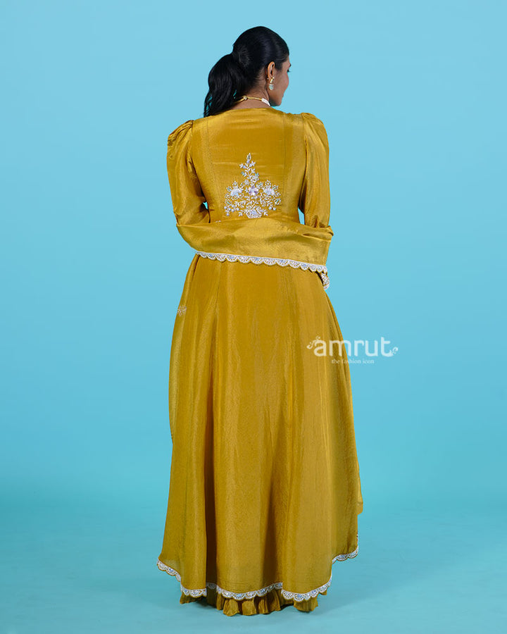 Mustard Yellow Embroidered Top with Puffed Sleeves, Pleated Skirt, and Dupatta 07