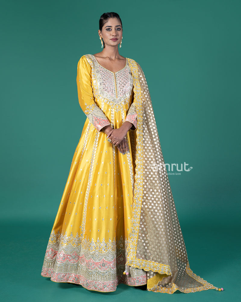 Mustard Yellow Embroidery Embellished Anarkali with Dupatta 01