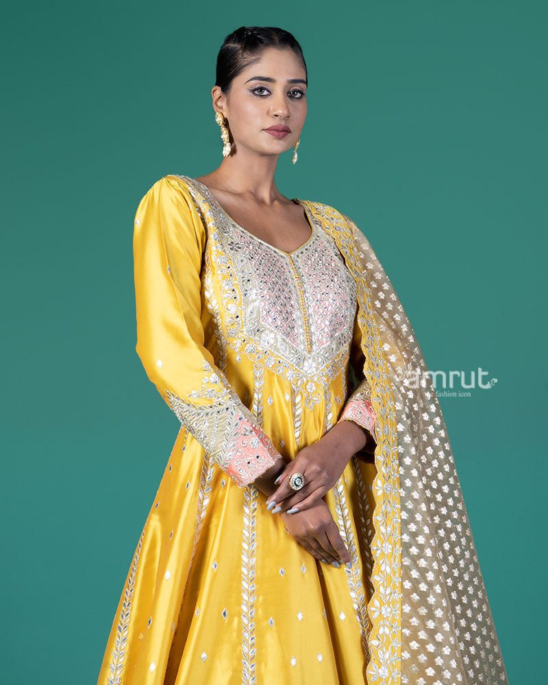 Mustard Yellow Embroidery Embellished Anarkali with Dupatta 02