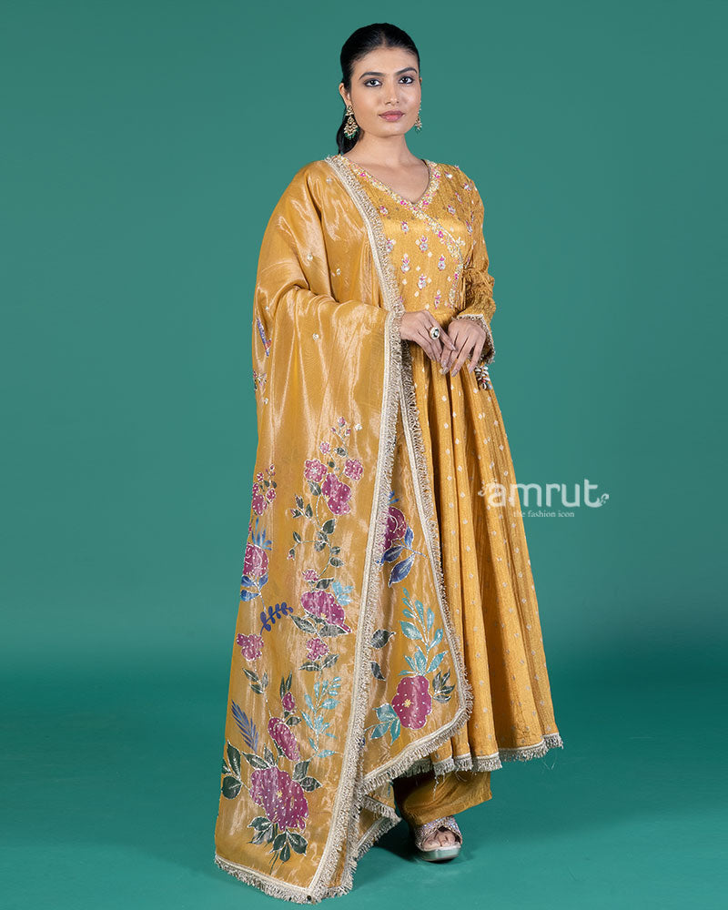 Mustard Yellow Golden Trim Anarkali Dress with Palazzo Pants and Floral Dupatta 01