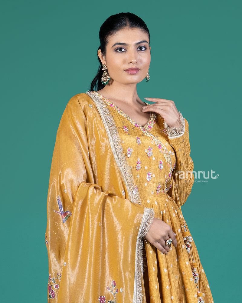 Mustard Yellow Golden Trim Anarkali Dress with Palazzo Pants and Floral Dupatta 02