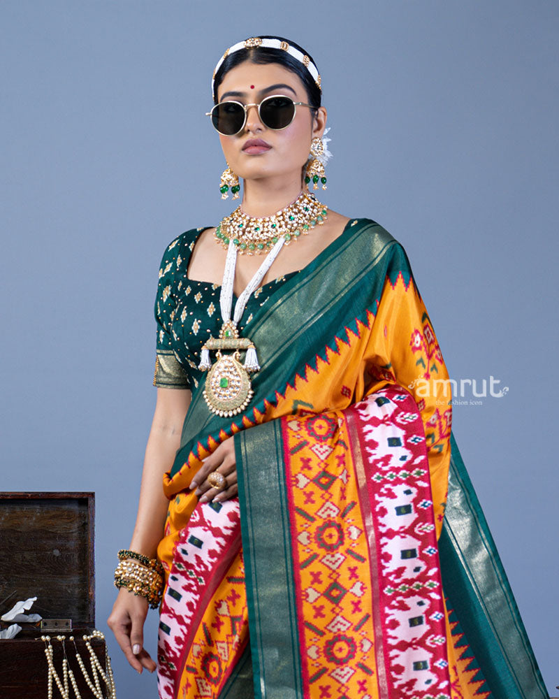 Mustard Yellow Patola Printed Viscose Silk Saree with Green Border and Unstitched Blouse 02