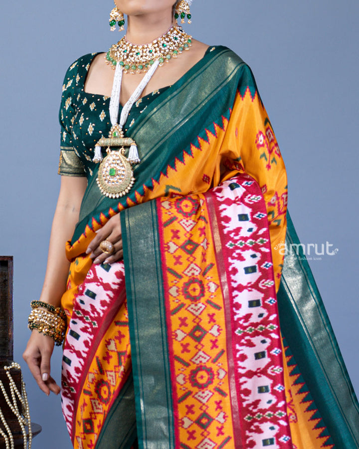 Mustard Yellow Patola Printed Viscose Silk Saree with Green Border and Unstitched Blouse 03