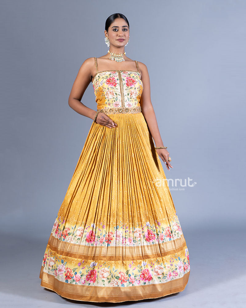 Mustard Yellow Pleated Floral Printed Gown 01