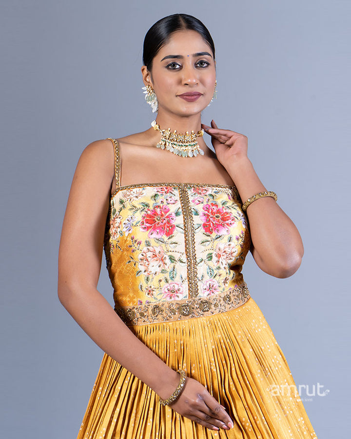 Mustard Yellow Pleated Floral Printed Gown 02