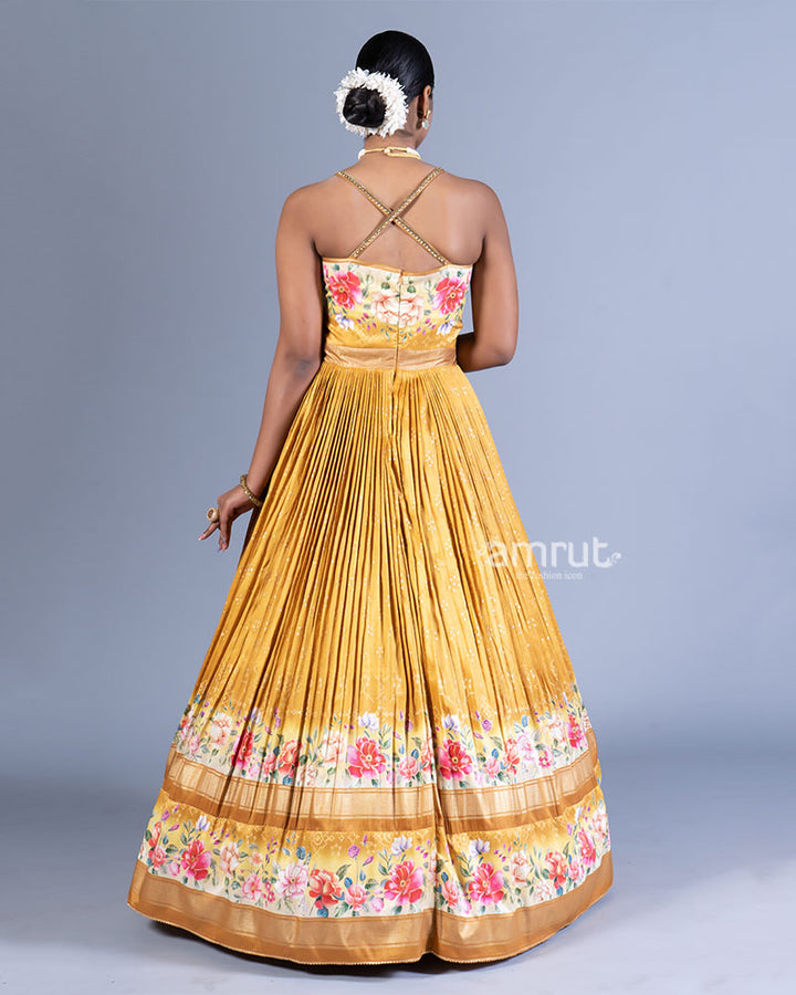 Mustard Yellow Pleated Floral Printed Gown 03