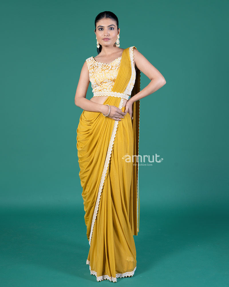 Mustard Yellow Ready-to-Wear Saree with Embroidered Sleeveless Blouse 01