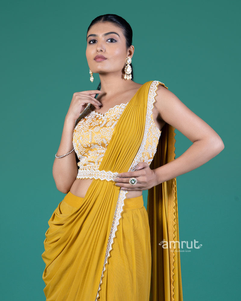 Mustard Yellow Ready-to-Wear Saree with Embroidered Sleeveless Blouse 02