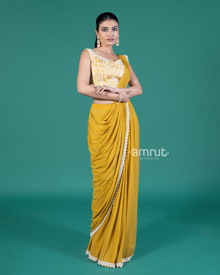 Mustard Yellow Ready-to-Wear Saree with Embroidered Sleeveless Blouse 05