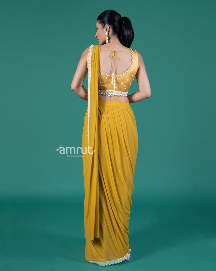 Mustard Yellow Ready-to-Wear Saree with Embroidered Sleeveless Blouse 06