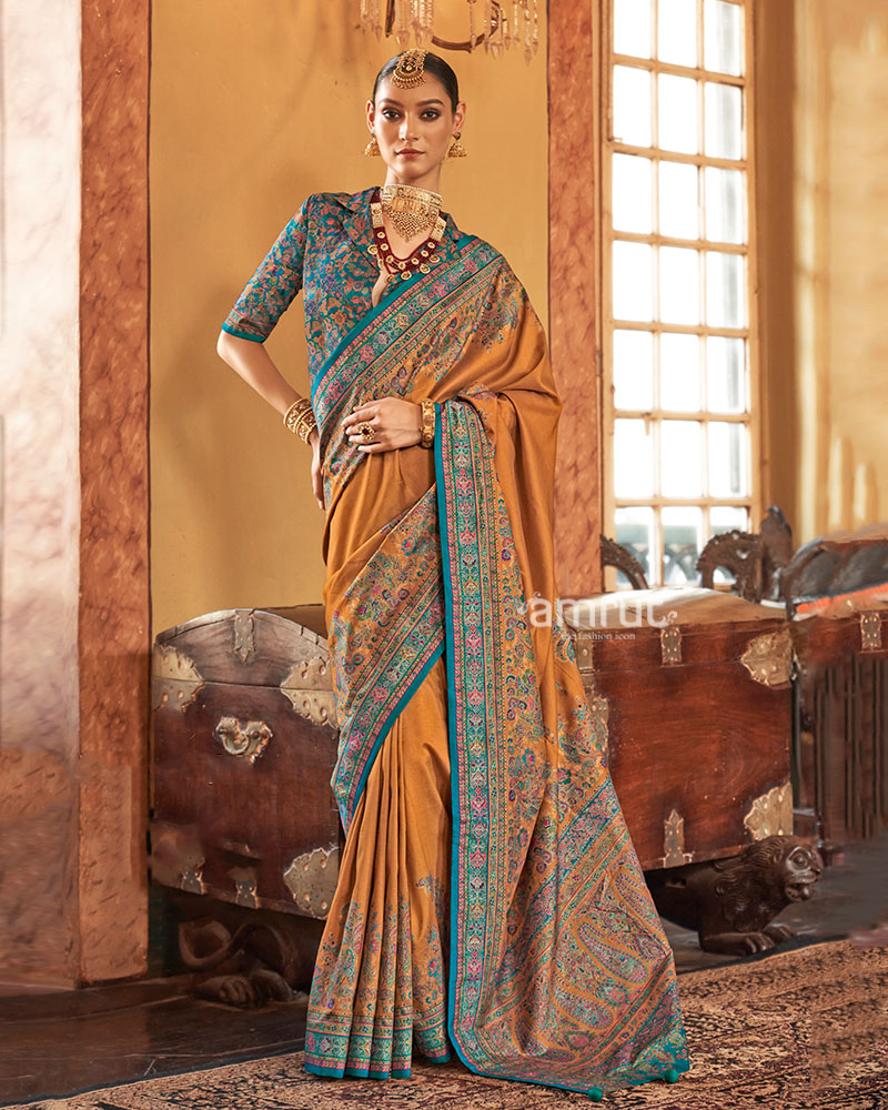Mustard Yellow Saree with Multicolored Paisley Print and Unstitched Blouse 01