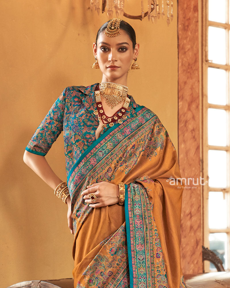 Mustard Yellow Saree with Multicolored Paisley Print and Unstitched Blouse 02
