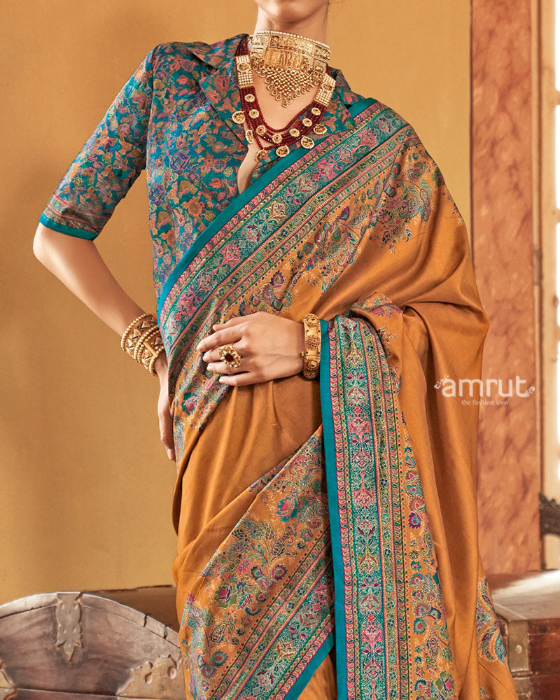 Mustard Yellow Saree with Multicolored Paisley Print and Unstitched Blouse 03