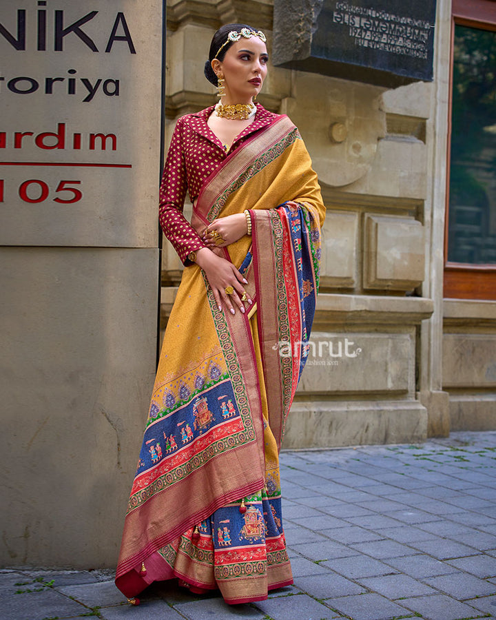 Mustard Yellow Woven Silk Saree with Maroon Border and Unstitched Blouse 01