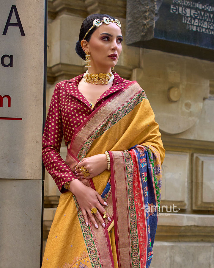 Mustard Yellow Woven Silk Saree with Maroon Border and Unstitched Blouse 02