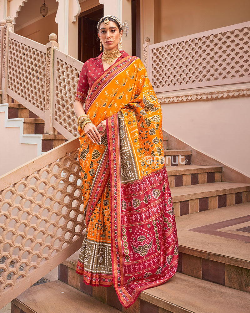 Mustard Yellow and Maroon Broad Border Patola Silk Saree with Unstitched Blouse 01
